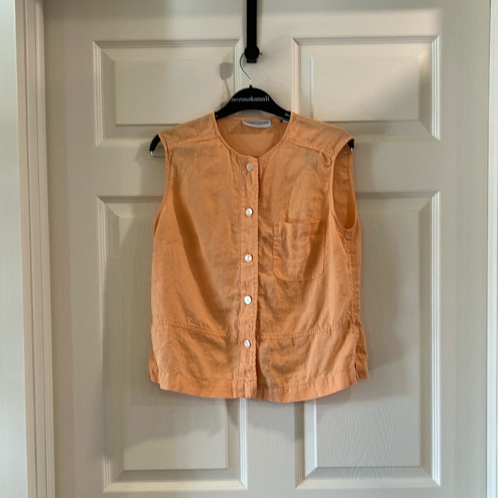 Valerie Stevens Orange Sleeveless Button Down Shirt 100% Linen